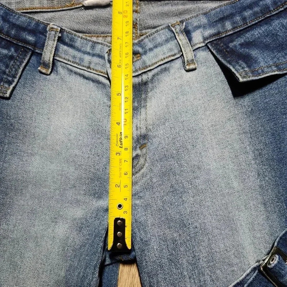 Tall Y2K bleached dark wash flared jeans with thigh buckles ✦ XXS - Picture 6 of 7